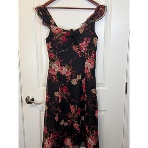 Vintage Madison Leigh Y2K Romantic Black Floral Ruffle Sleeve Midi Dress Size 10